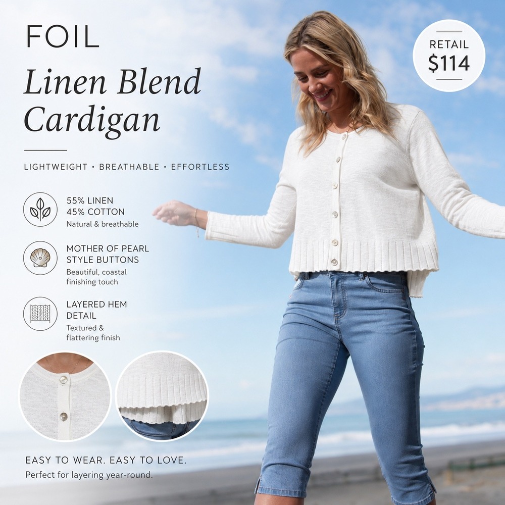 FOIL Cardigan Linen Cotton Blend Shell Buttons M White Womens Coastal Minimalist